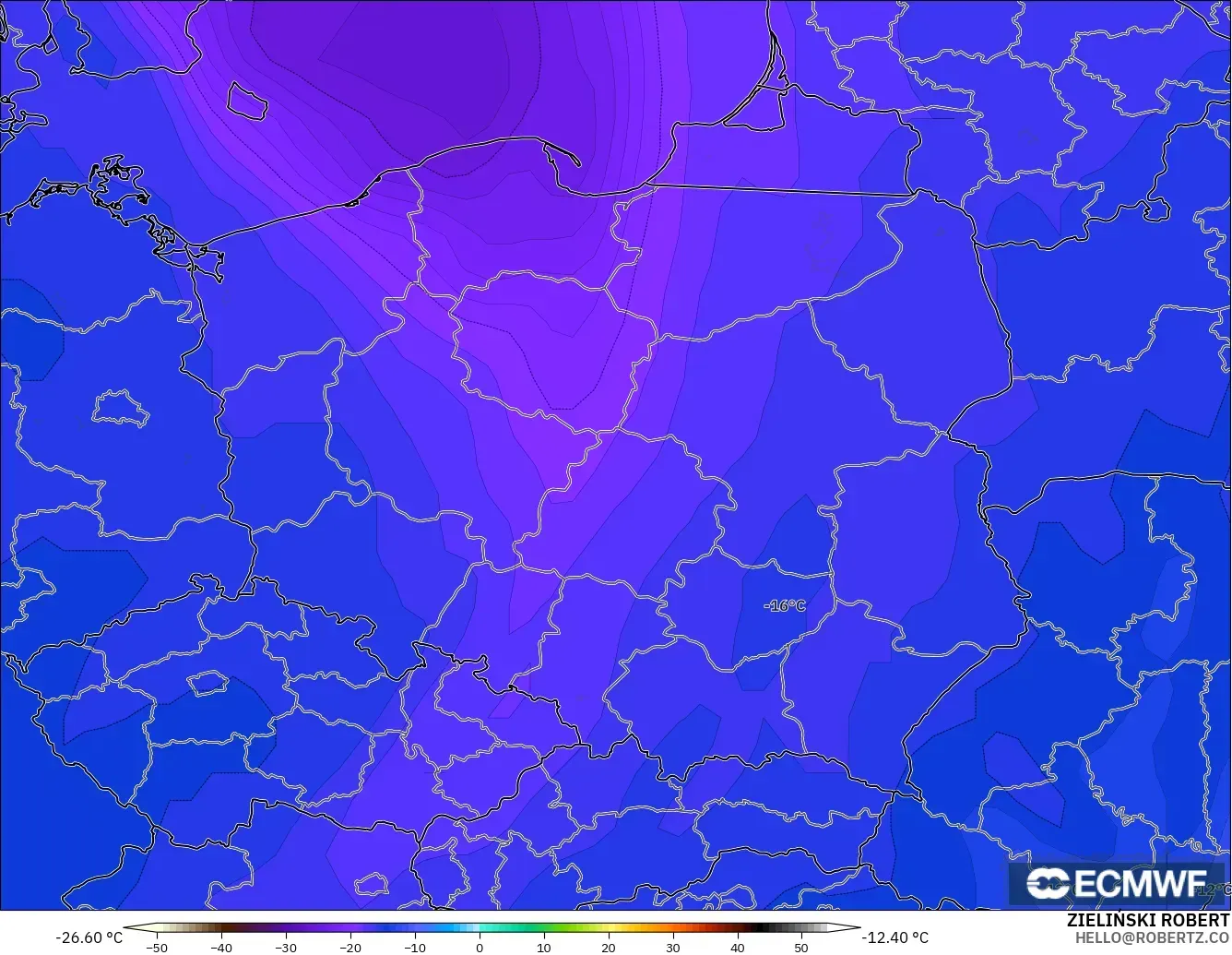 ECMWF IFS 0.25° モデル - ポーランド, 気温（500hPa）