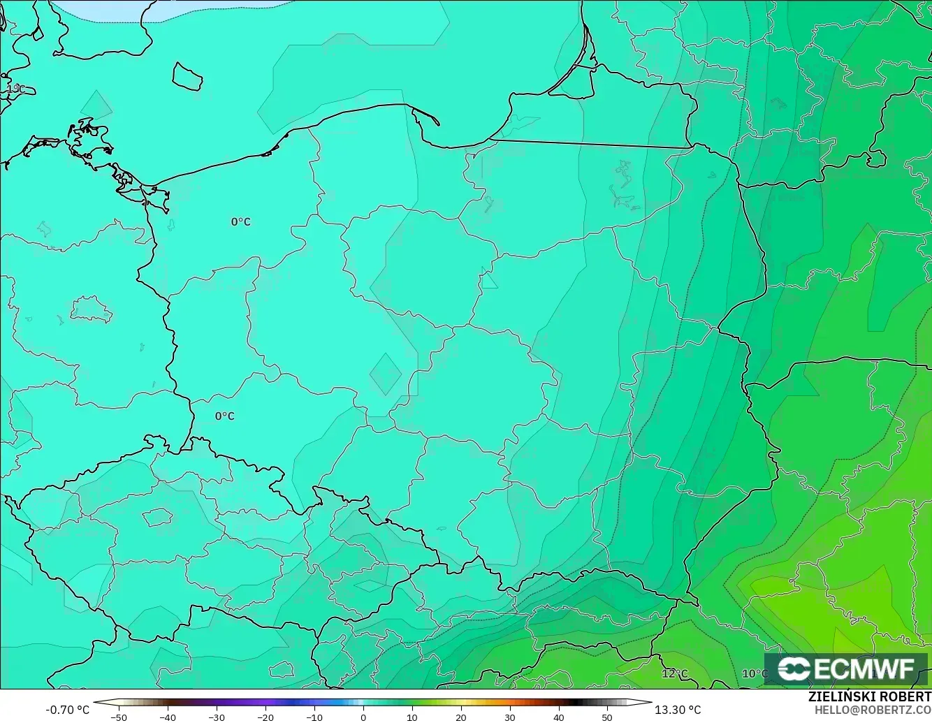 ECMWF IFS 0.25° モデル - ポーランド, 気温（850hPa）