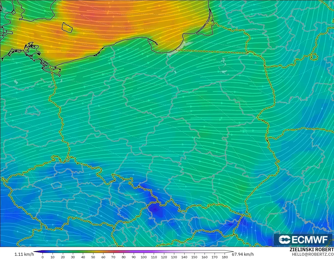 ECMWF IFS 0.25° モデル - ポーランド, 風速（10m）