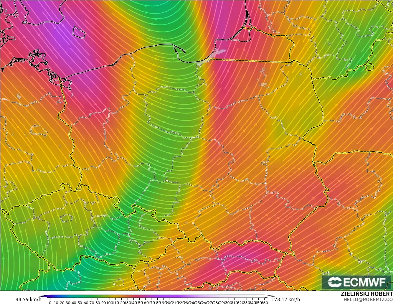 ECMWF IFS 0.25° モデル - ポーランド, 風速（300hPa）