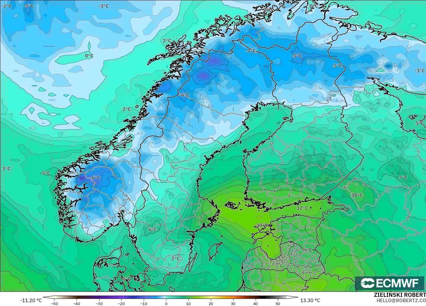 ECMWF IFS 0.25° モデル - スカンジナビア, 露点温度（2m）