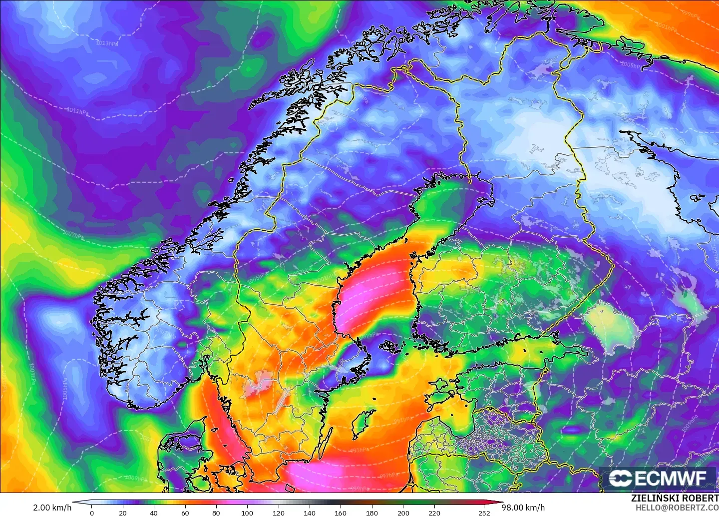 ECMWF IFS 0.25° モデル - スカンジナビア, 突風（最大）