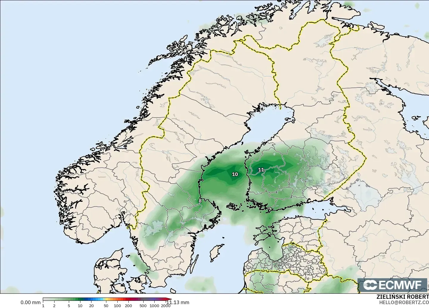 ECMWF IFS 0.25° モデル - スカンジナビア, 降水量の合計