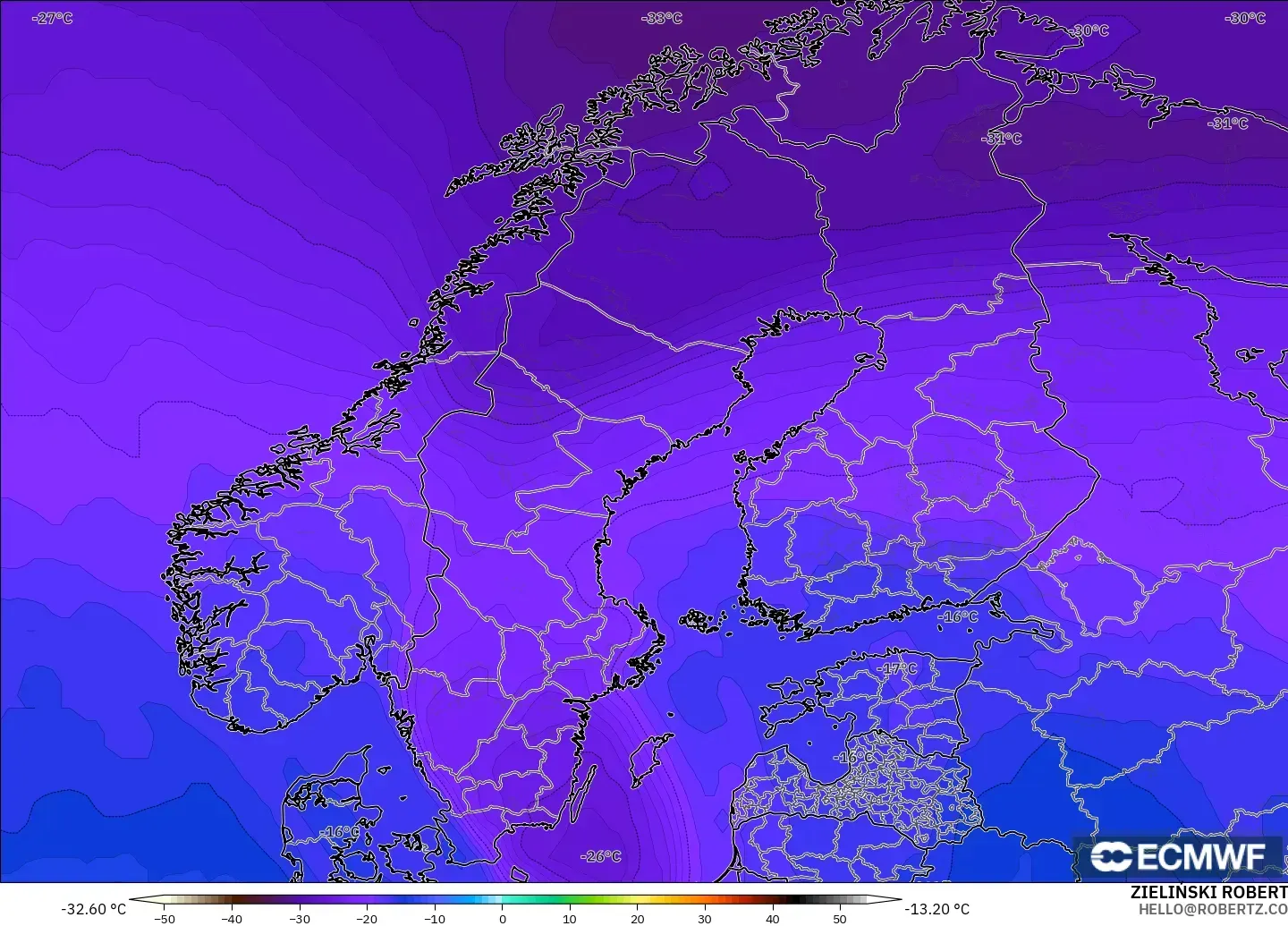 ECMWF IFS 0.25° モデル - スカンジナビア, 気温（500hPa）
