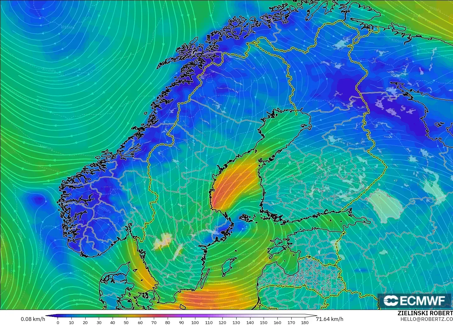 ECMWF IFS 0.25° モデル - スカンジナビア, 風速（10m）