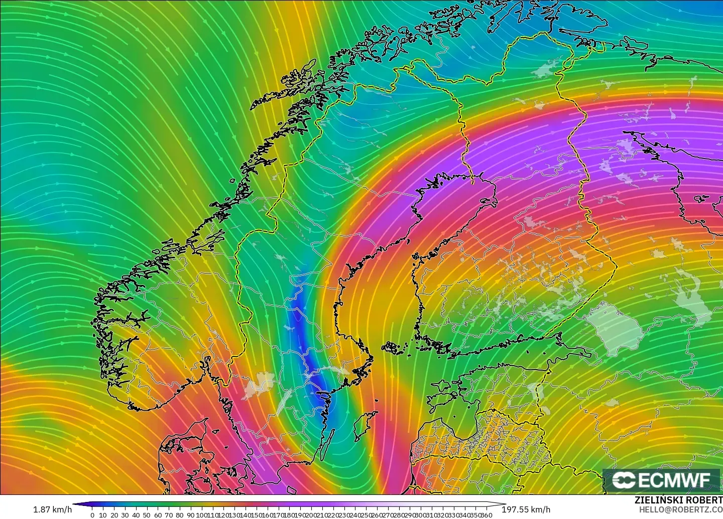 ECMWF IFS 0.25° モデル - スカンジナビア, 風速（300hPa）