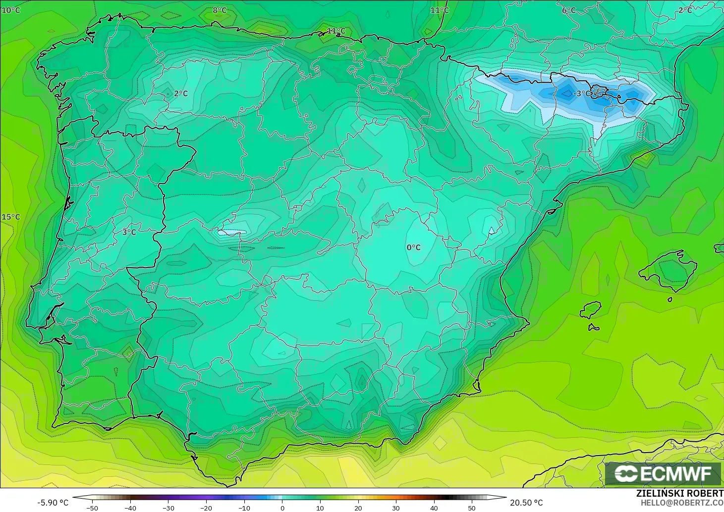 ECMWF IFS 0.25° モデル - スペイン, 露点温度（2m）