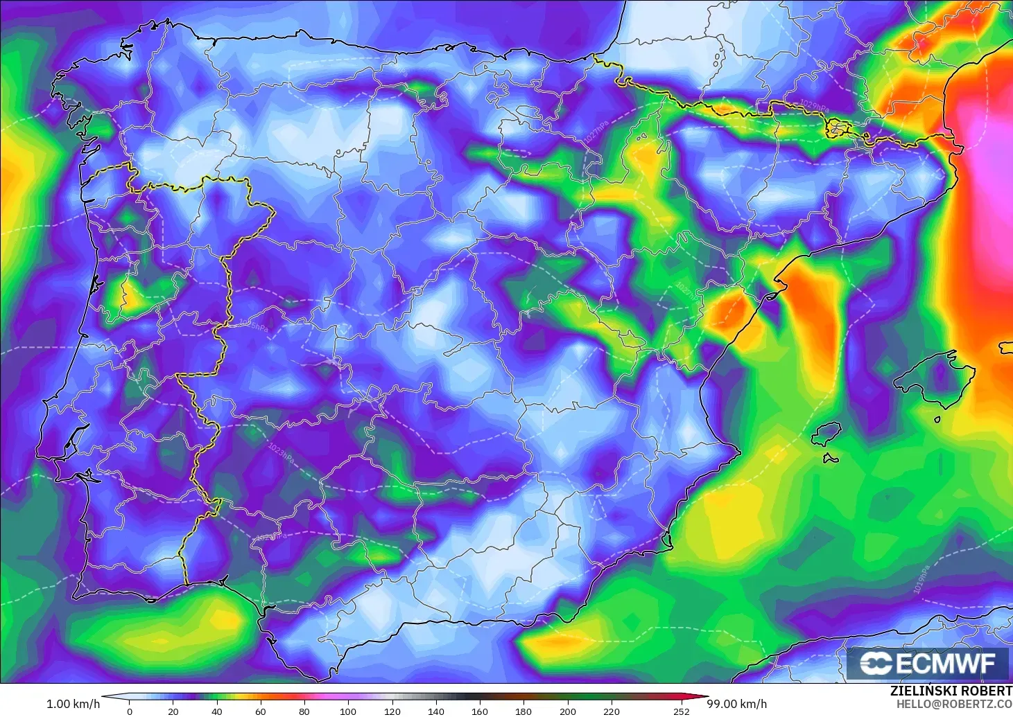 ECMWF IFS 0.25° モデル - スペイン, 突風（最大）