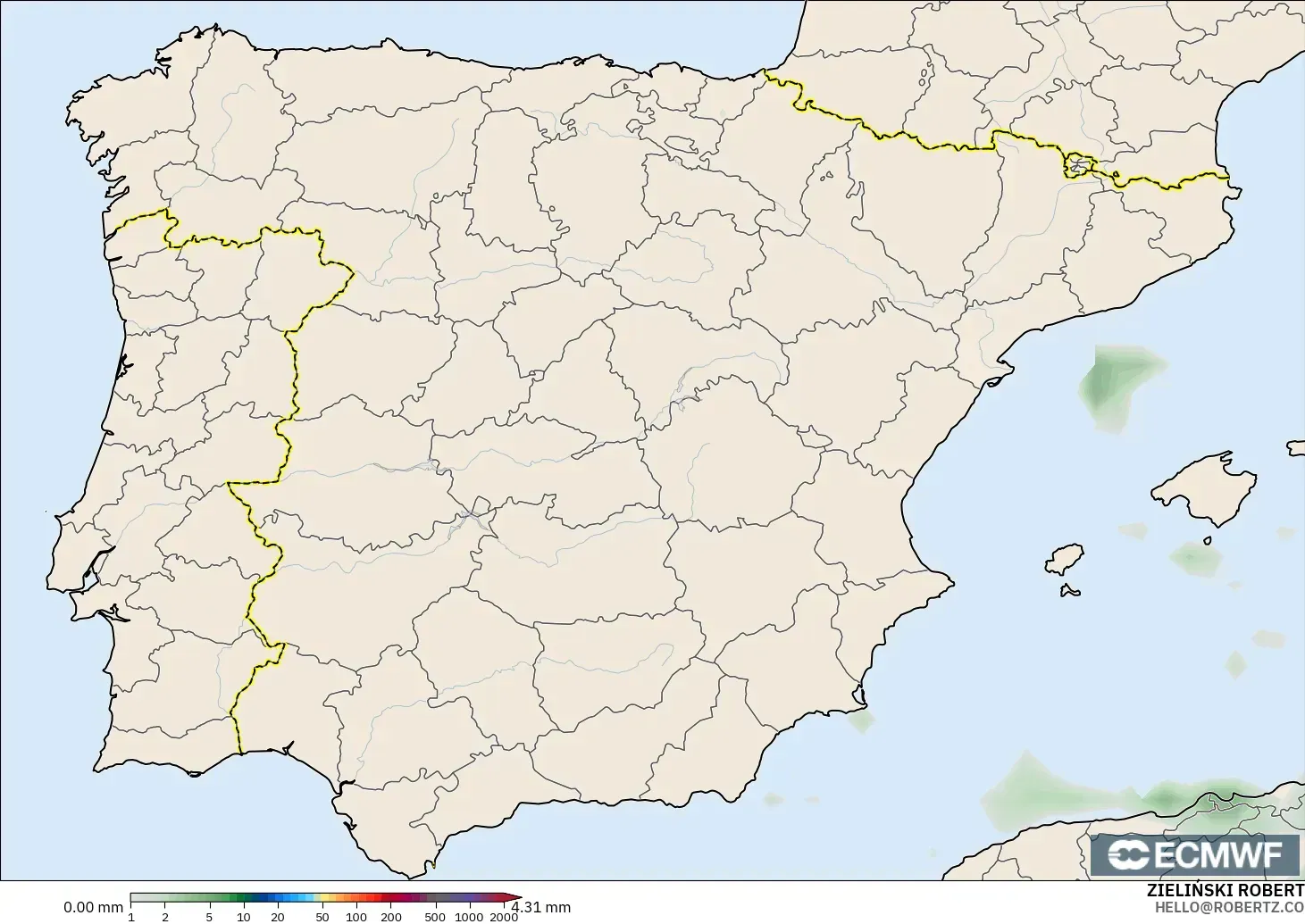 ECMWF IFS 0.25° モデル - スペイン, 降水量の合計