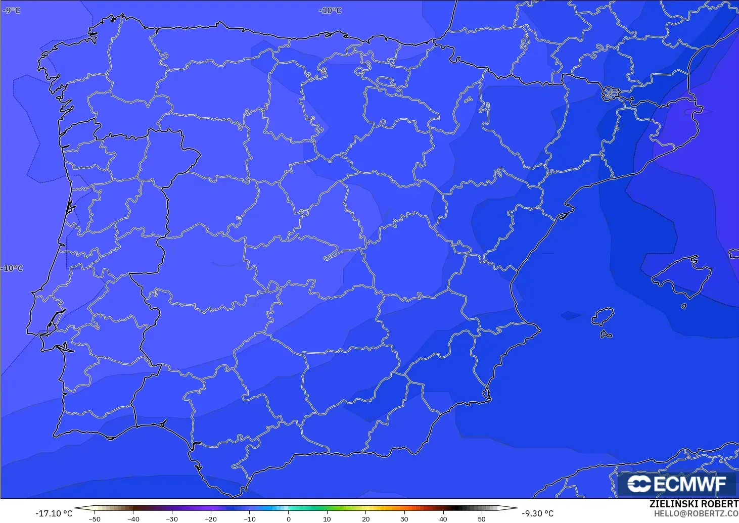 ECMWF IFS 0.25° モデル - スペイン, 気温（500hPa）