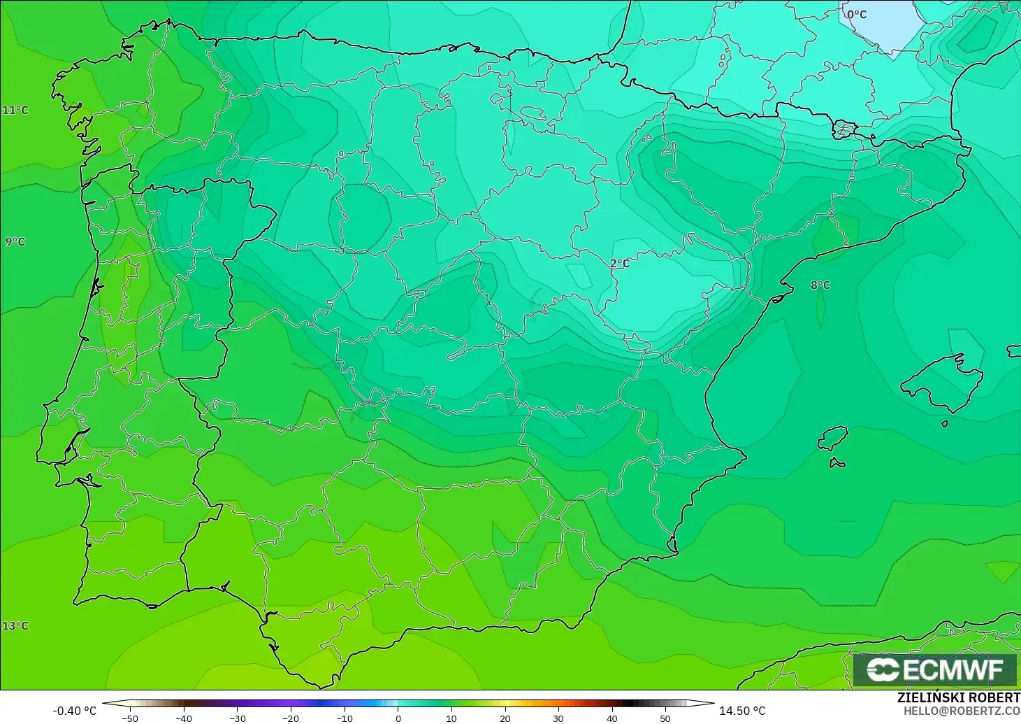 ECMWF IFS 0.25° モデル - スペイン, 気温（850hPa）