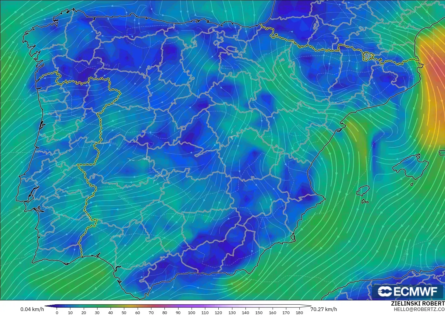 ECMWF IFS 0.25° モデル - スペイン, 風速（10m）