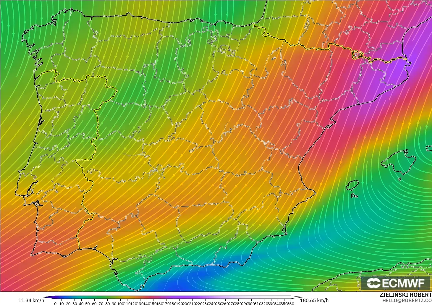 ECMWF IFS 0.25° モデル - スペイン, 風速（300hPa）