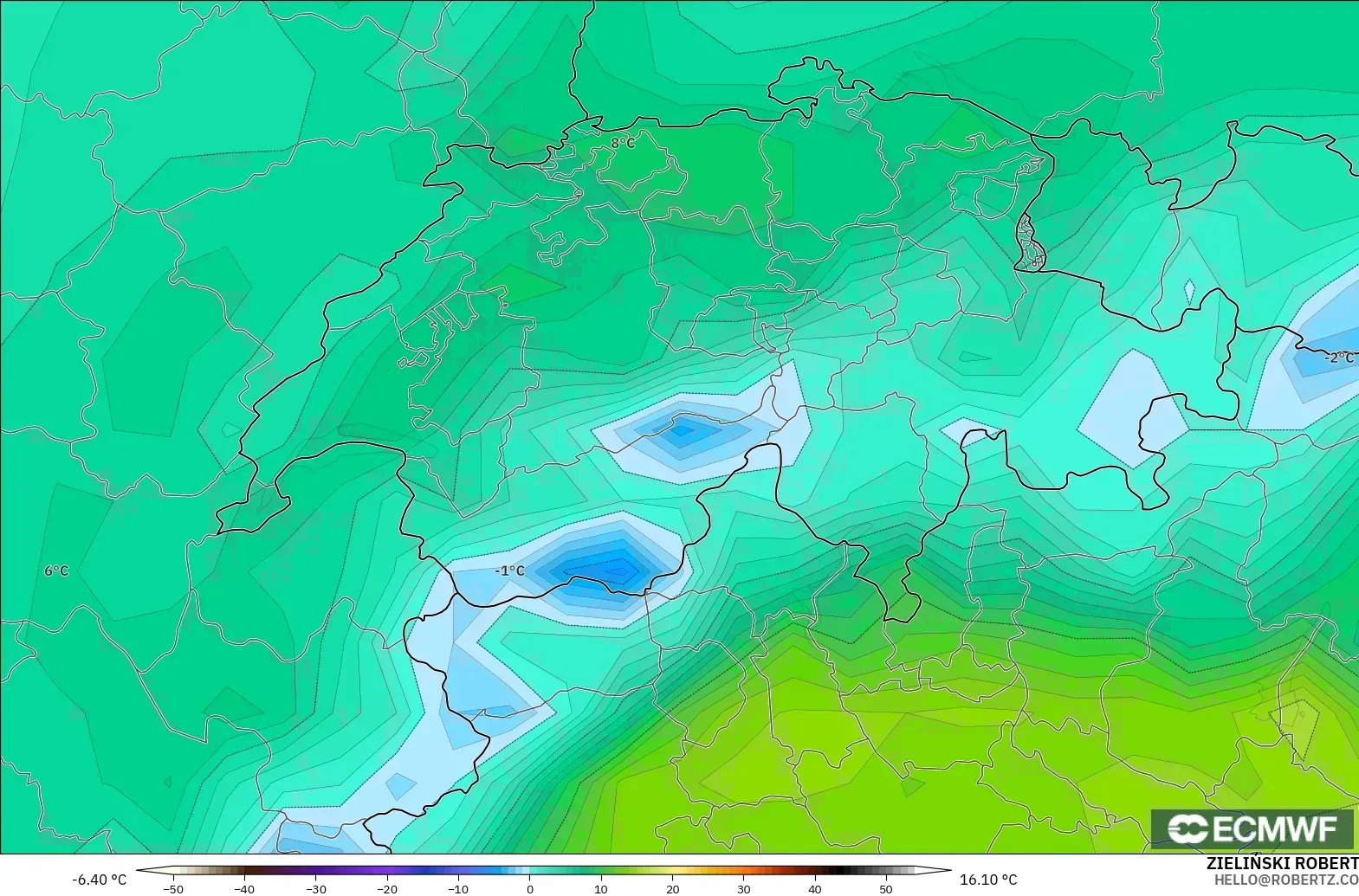 ECMWF IFS 0.25° モデル - スイス, 露点温度（2m）