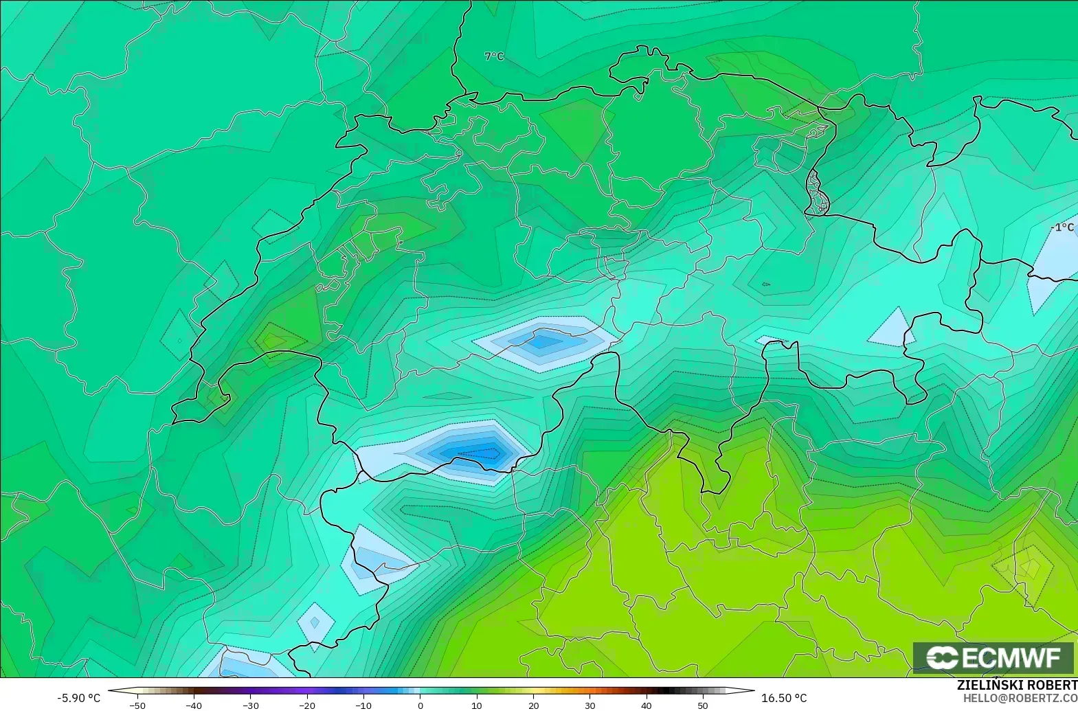 ECMWF IFS 0.25° モデル - スイス, 気温（2m）