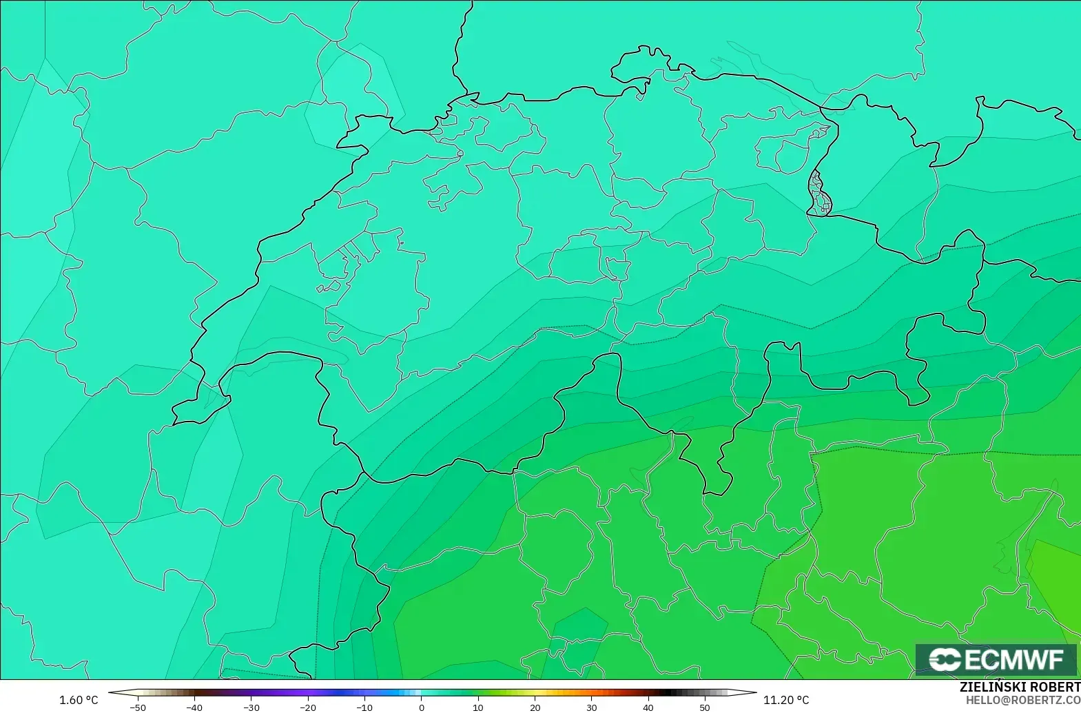 ECMWF IFS 0.25° モデル - スイス, 気温（850hPa）