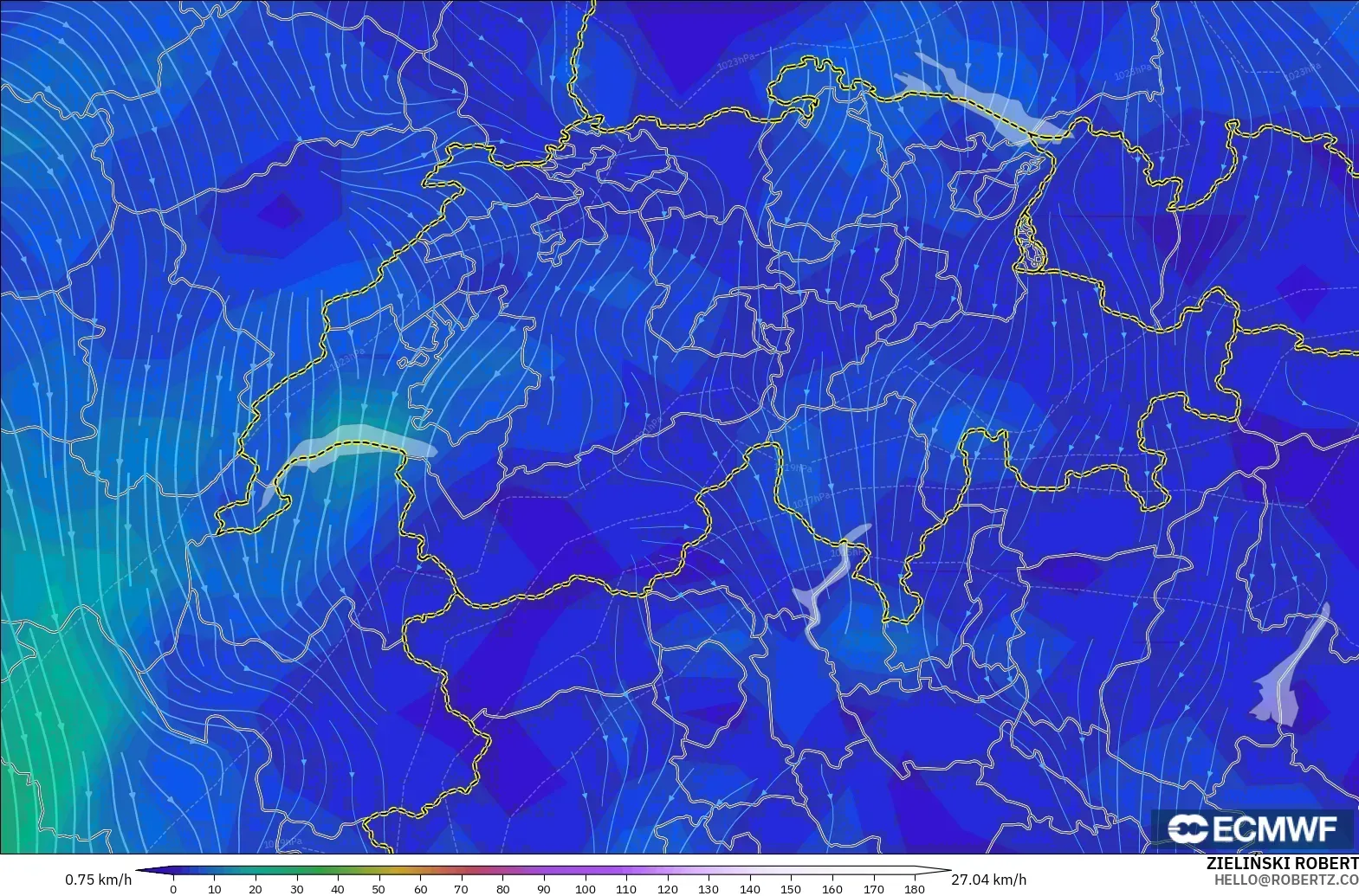 ECMWF IFS 0.25° モデル - スイス, 風速（10m）