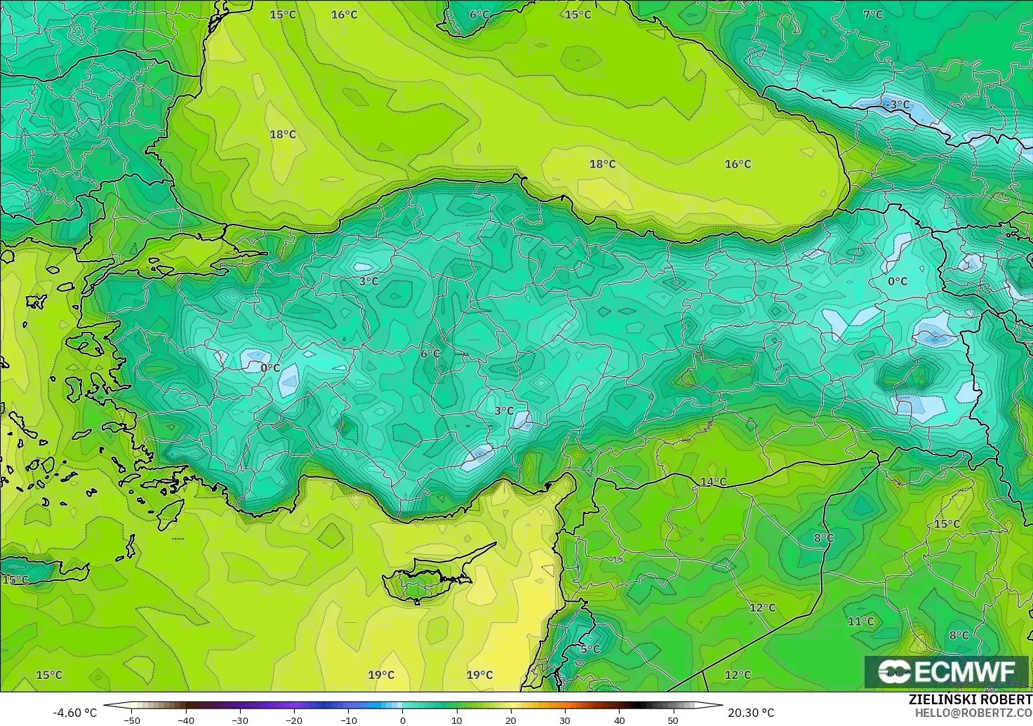 ECMWF IFS 0.25° モデル - トルコ, 露点温度（2m）