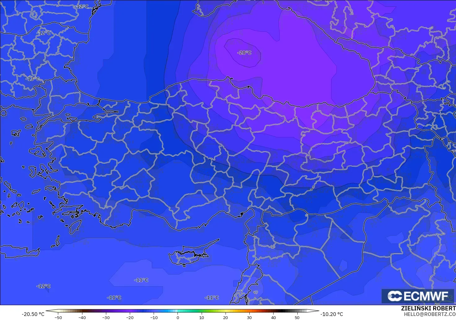 ECMWF IFS 0.25° モデル - トルコ, 気温（500hPa）