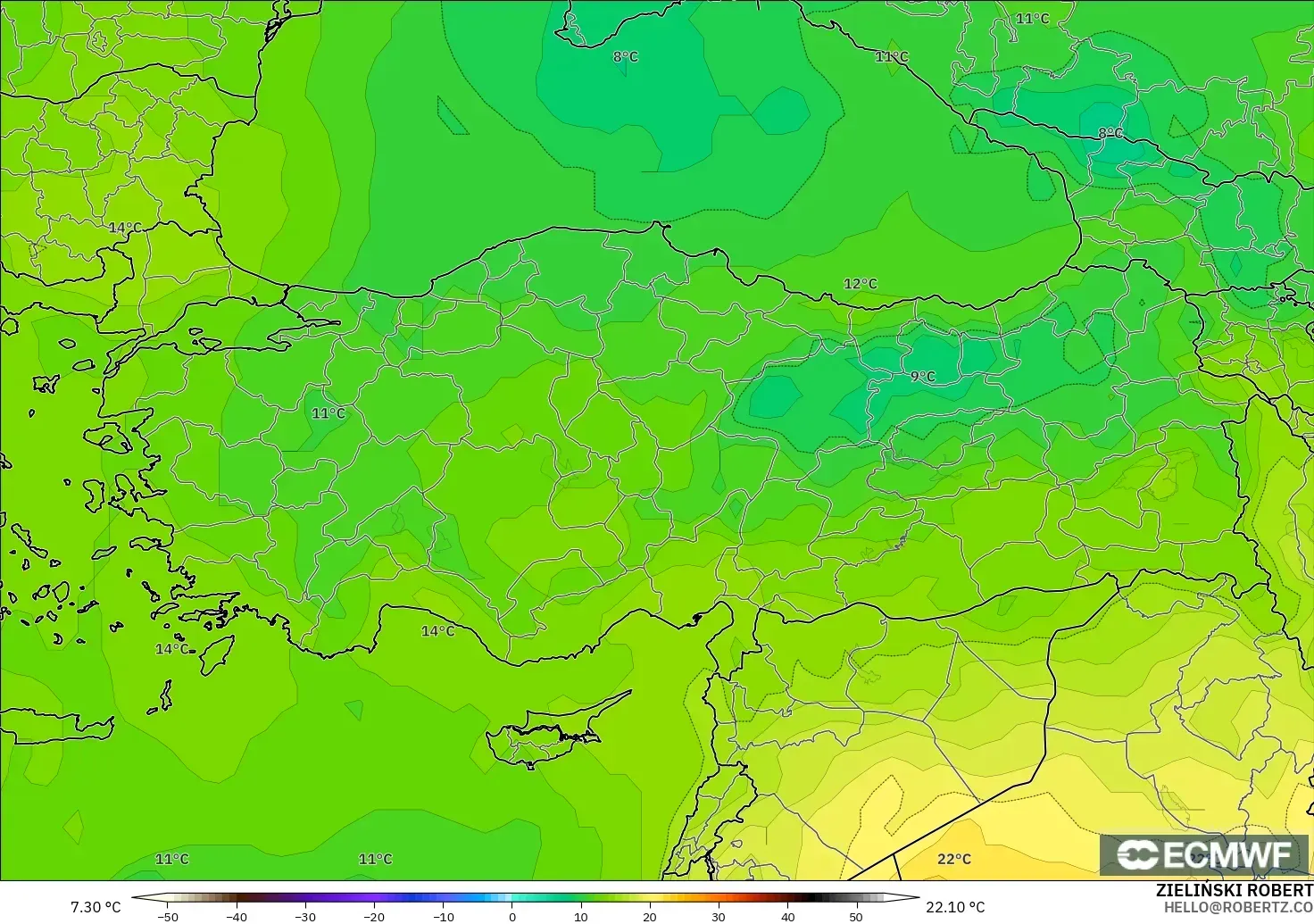 ECMWF IFS 0.25° モデル - トルコ, 気温（850hPa）