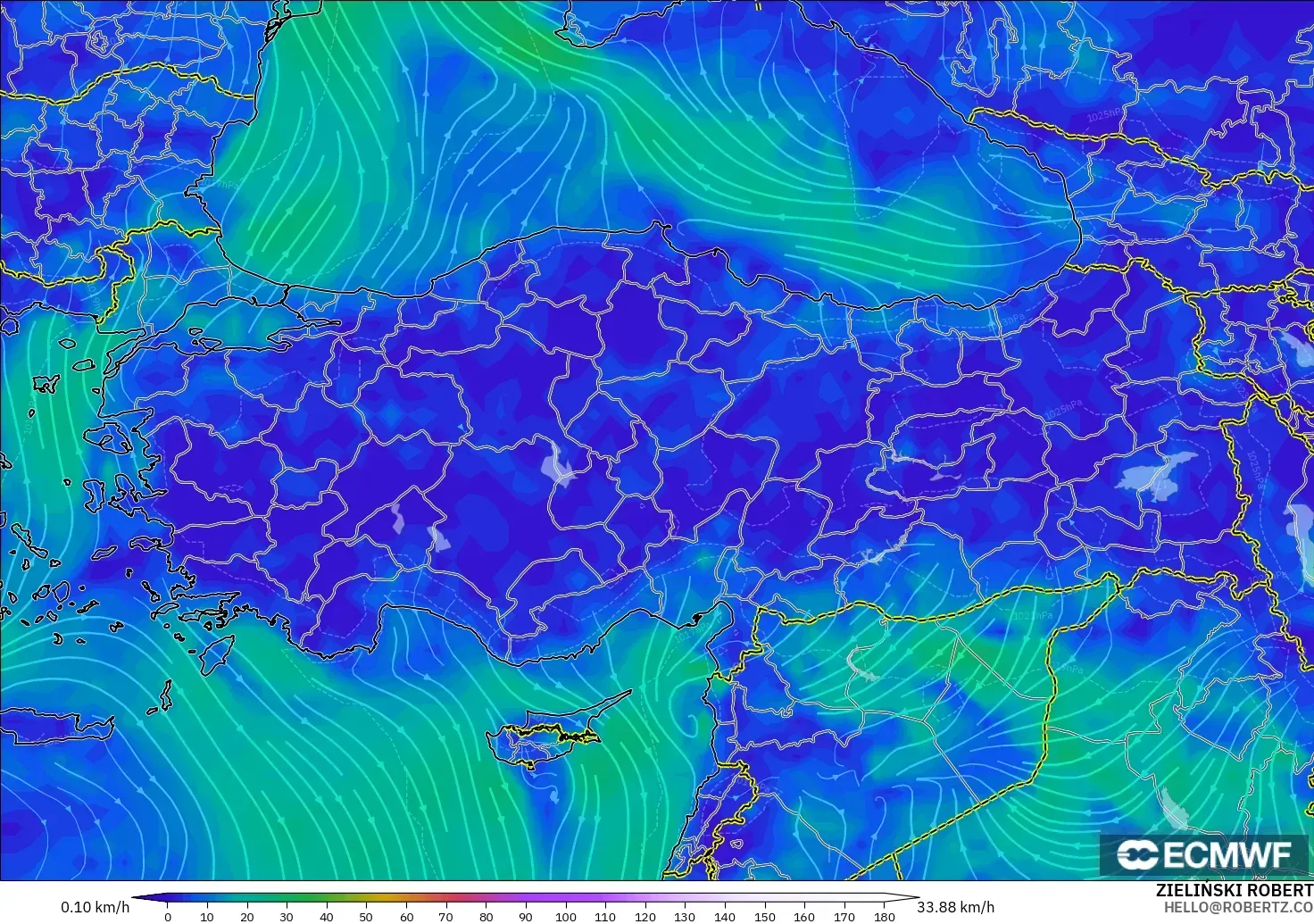 ECMWF IFS 0.25° モデル - トルコ, 風速（10m）