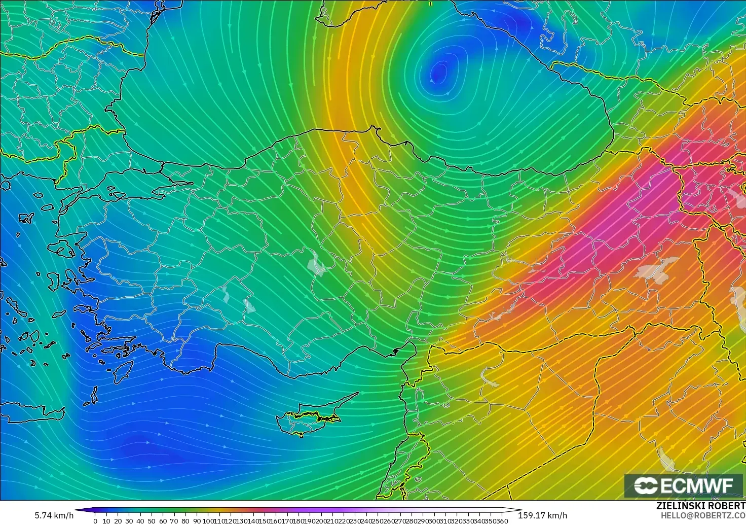 ECMWF IFS 0.25° モデル - トルコ, 風速（300hPa）