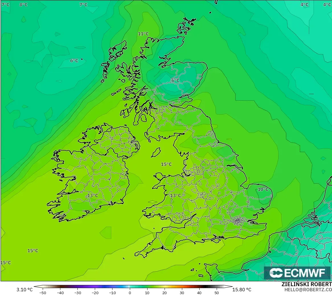 ECMWF IFS 0.25° モデル - イギリス, 露点温度（2m）