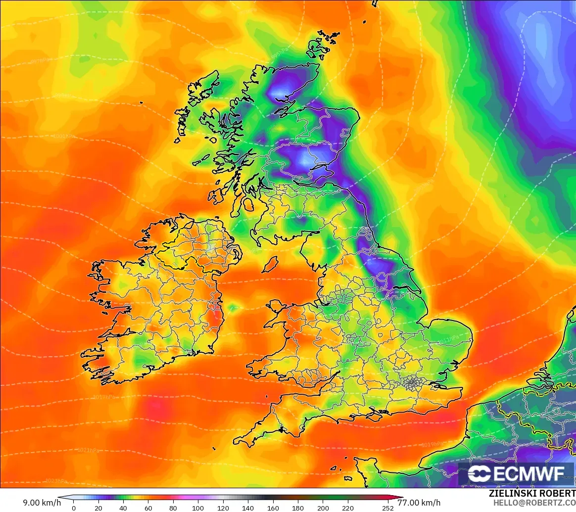 ECMWF IFS 0.25° モデル - イギリス, 突風
