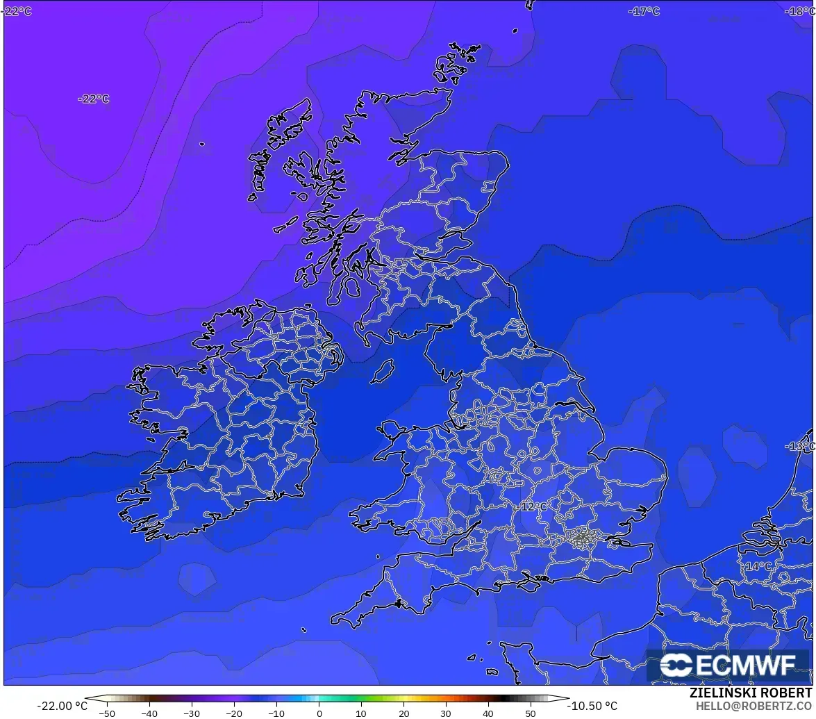 ECMWF IFS 0.25° モデル - イギリス, 気温（500hPa）