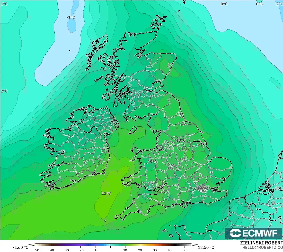 ECMWF IFS 0.25° モデル - イギリス, 気温（850hPa）