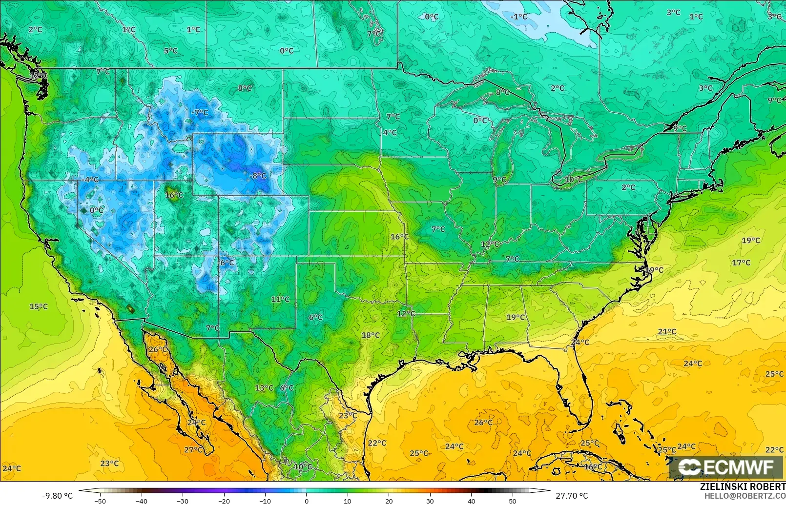 ECMWF IFS 0.25° モデル - アメリカ合衆国, 露点温度（2m）