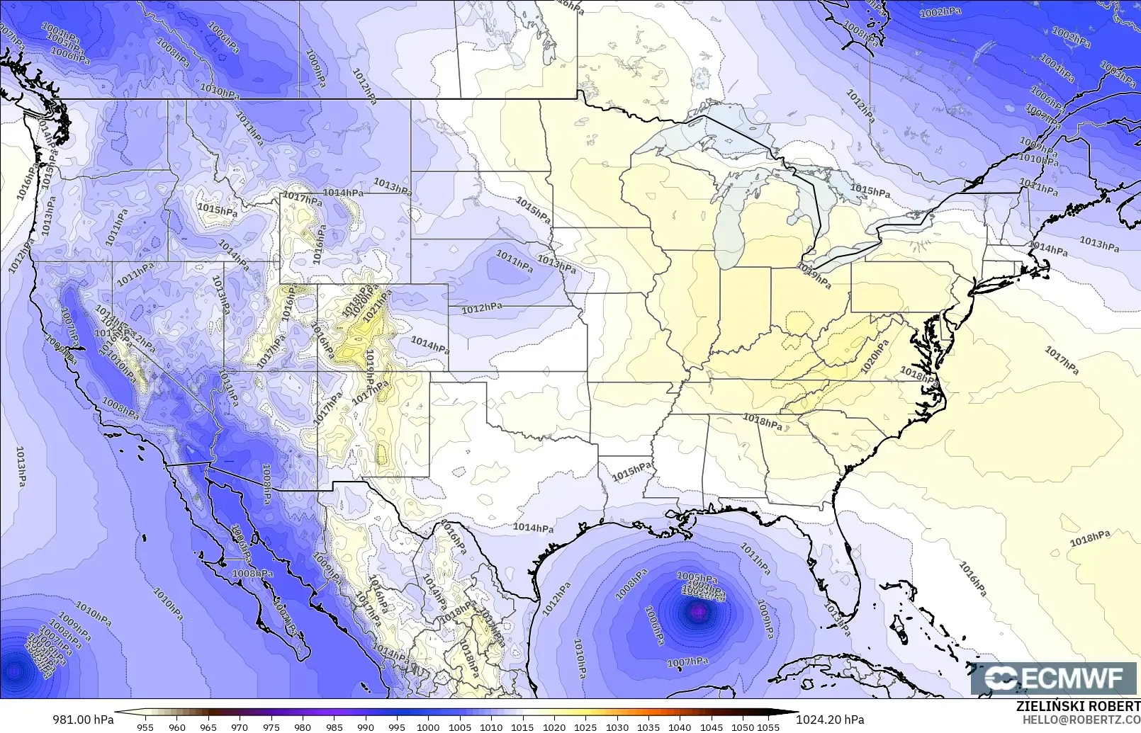 ECMWF IFS 0.25° モデル - アメリカ合衆国, 気圧