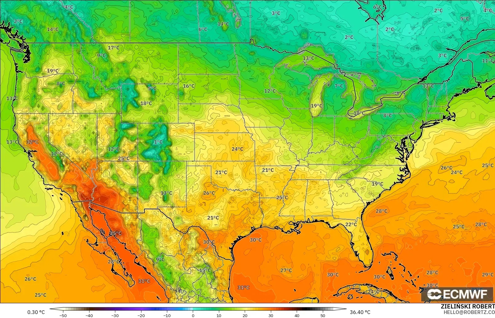 ECMWF IFS 0.25° モデル - アメリカ合衆国, 気温（2m）