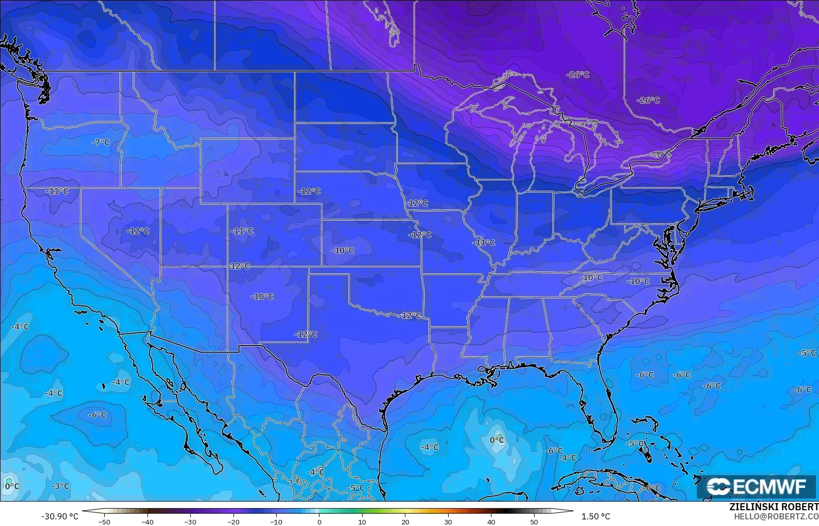 ECMWF IFS 0.25° モデル - アメリカ合衆国, 気温（500hPa）