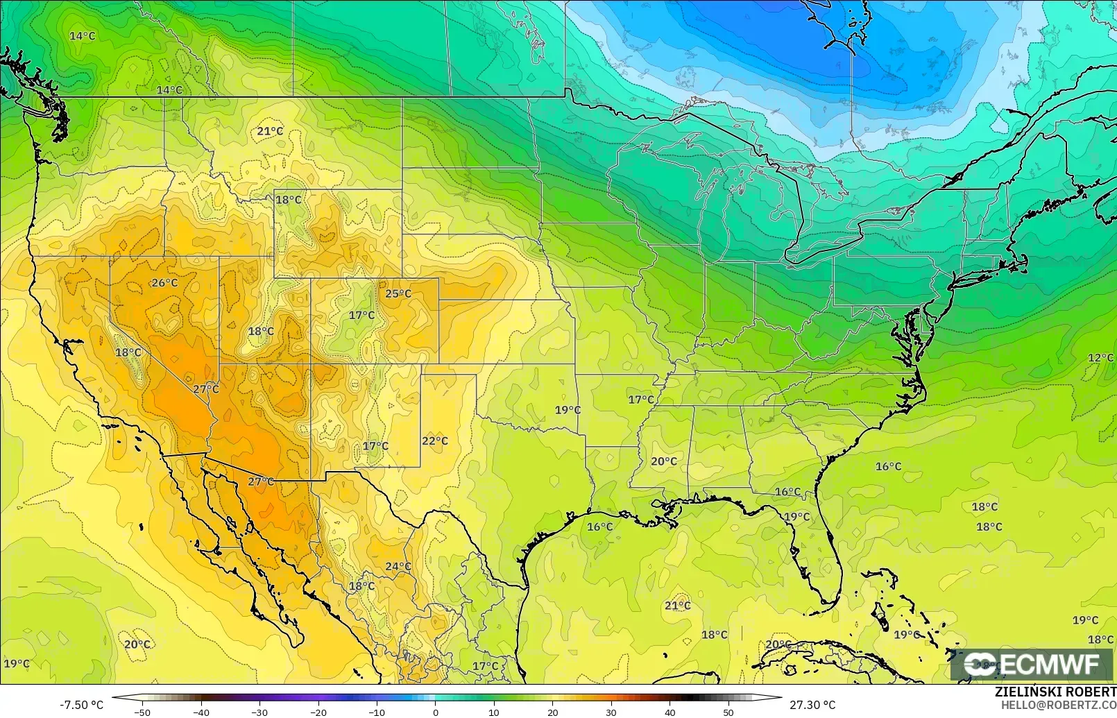 ECMWF IFS 0.25° モデル - アメリカ合衆国, 気温（850hPa）
