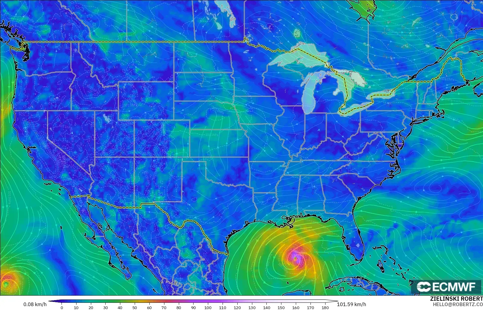 ECMWF IFS 0.25° モデル - アメリカ合衆国, 風速（10m）