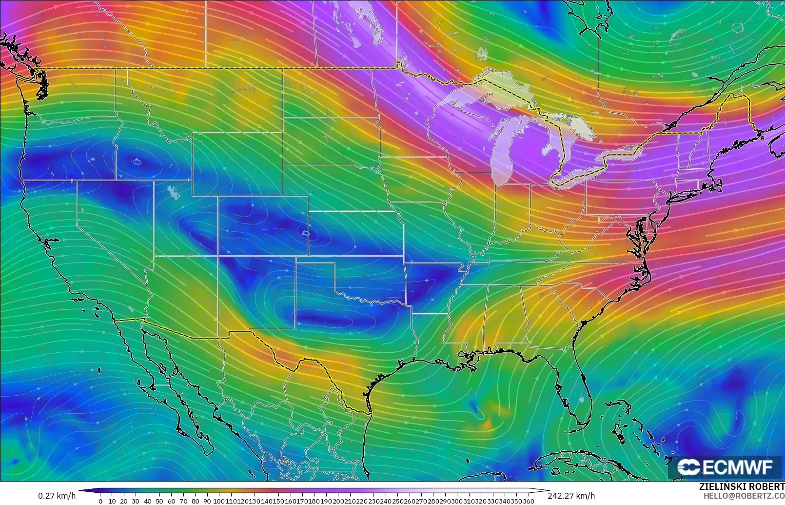 ECMWF IFS 0.25° モデル - アメリカ合衆国, 風速（300hPa）