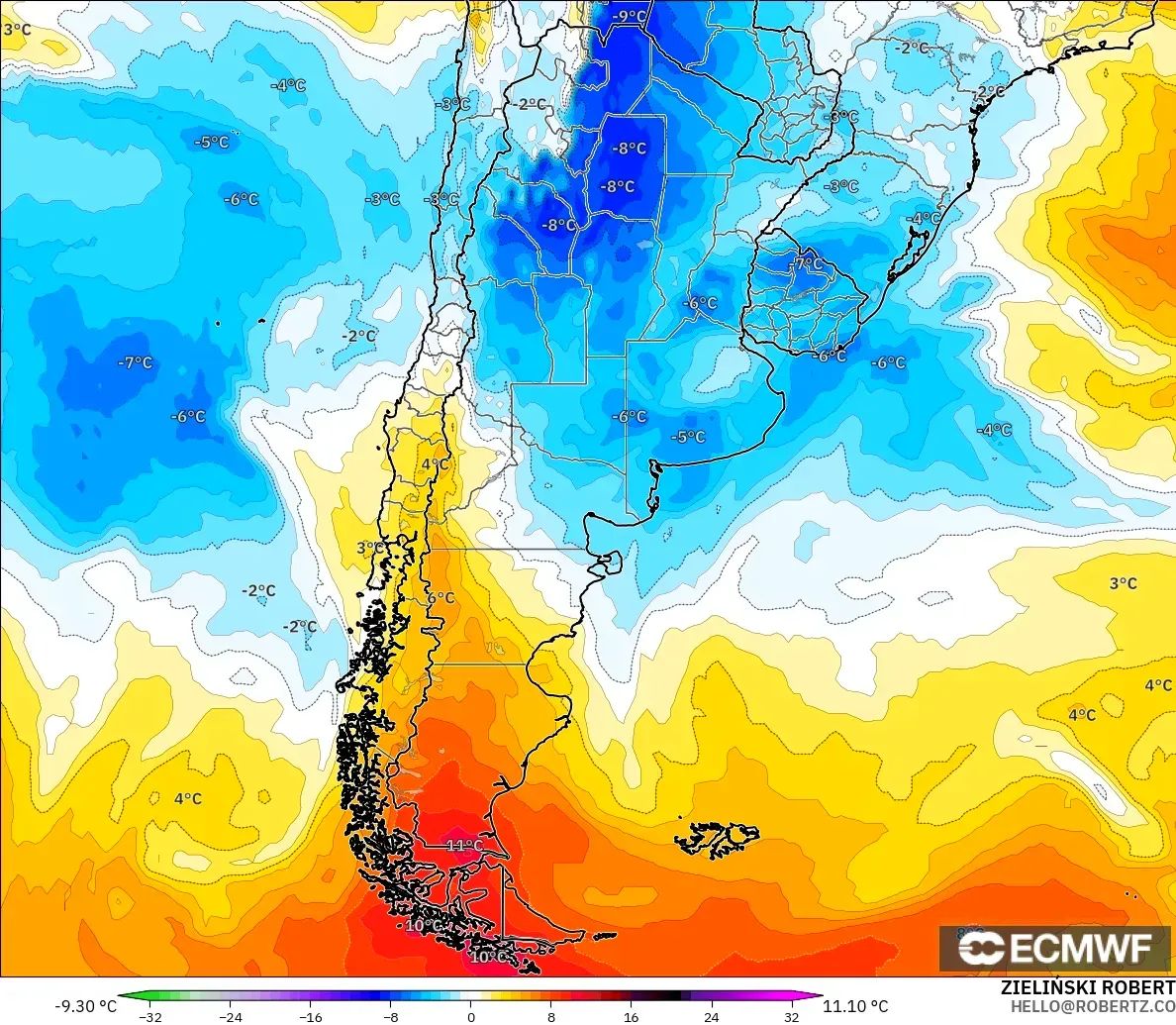 ECMWF IFS 0.25° モデル - アルゼンチン, 気温異常（850hPa）