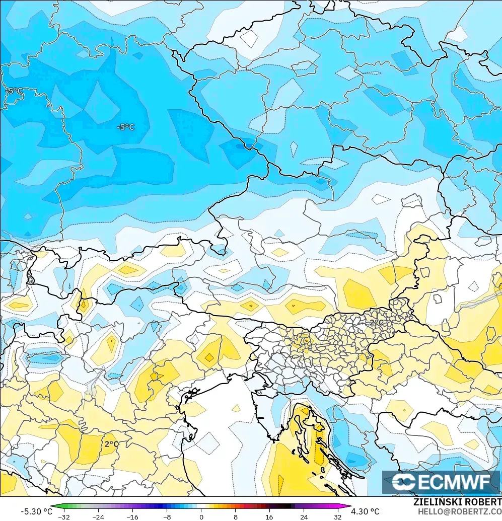 ECMWF IFS 0.25° モデル - オーストリア, 気温異常（2m）
