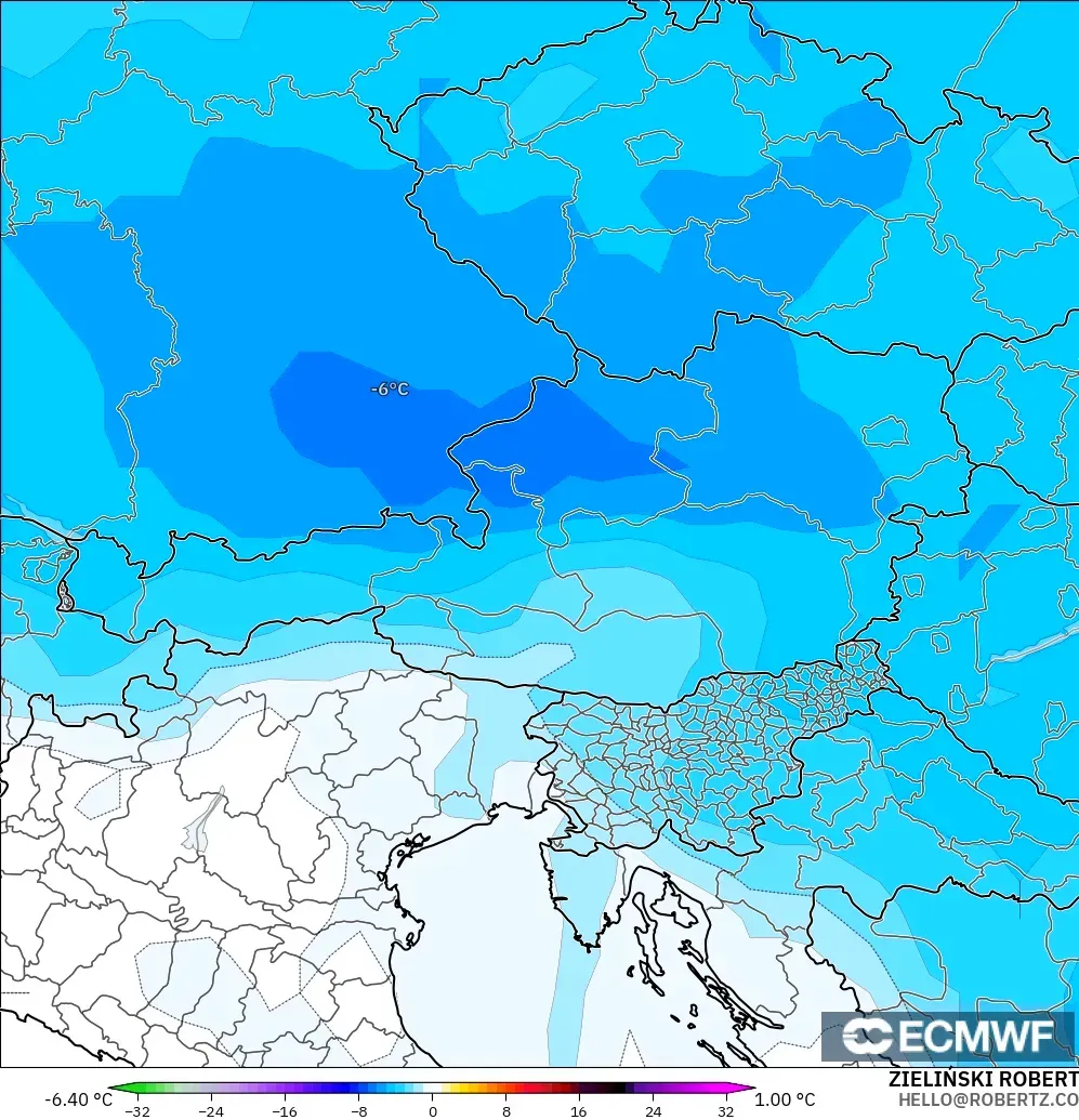 ECMWF IFS 0.25° モデル - オーストリア, 気温異常（850hPa）