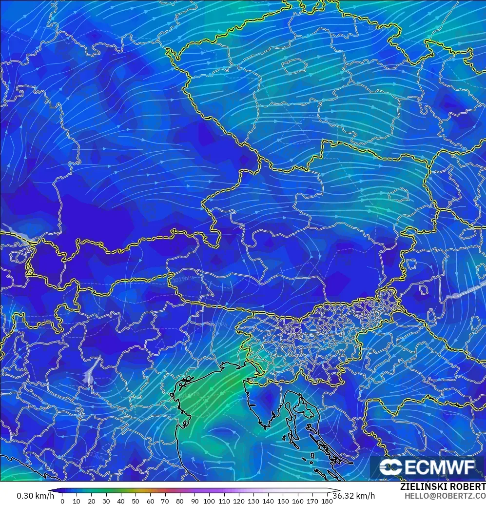 ECMWF IFS 0.25° モデル - オーストリア, 風速（10m）