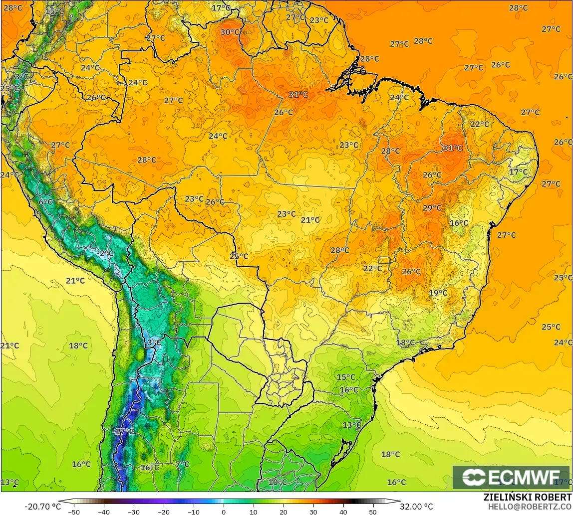 ECMWF IFS 0.25° モデル - ブラジル, 気温（2m）