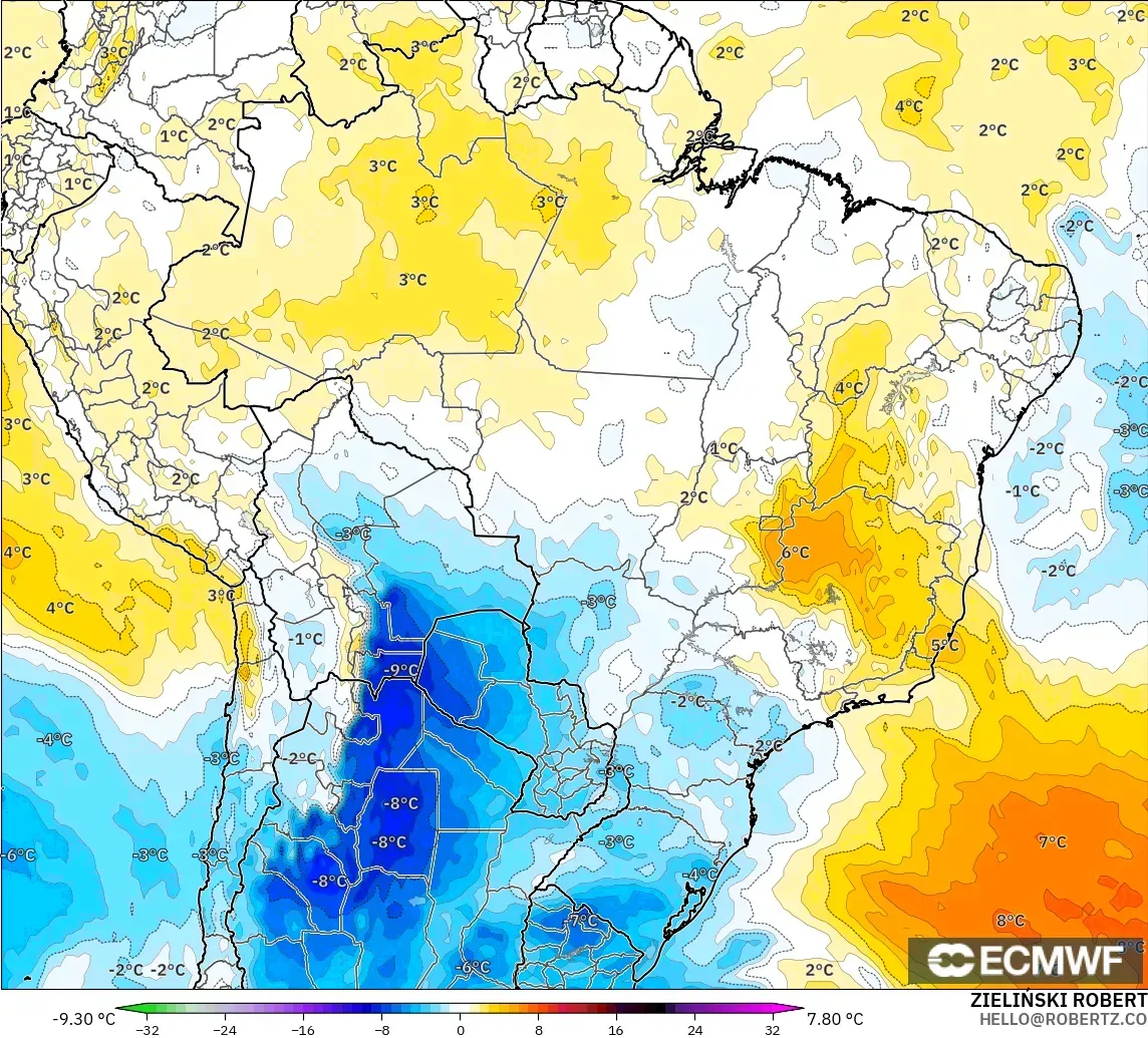 ECMWF IFS 0.25° モデル - ブラジル, 気温異常（850hPa）