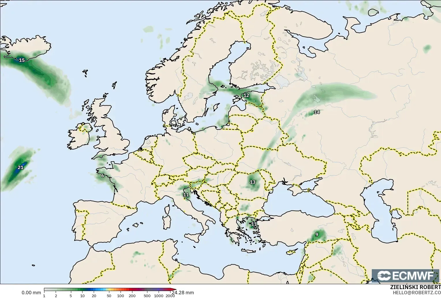 ECMWF IFS 0.25° モデル - ヨーロッパ, 降水量の合計