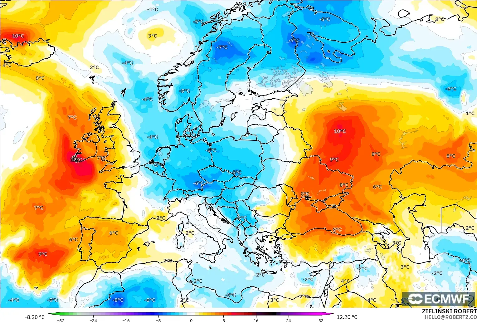 ECMWF IFS 0.25° モデル - ヨーロッパ, 気温異常（850hPa）