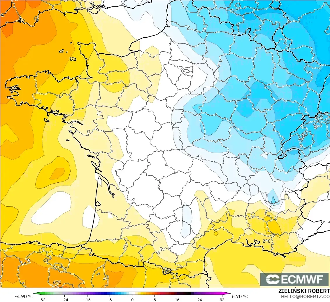 ECMWF IFS 0.25° モデル - フランス, 気温異常（850hPa）