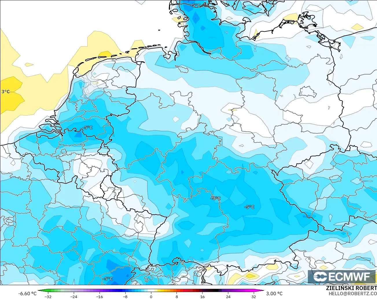 ECMWF IFS 0.25° モデル - ドイツ, 気温異常（2m）