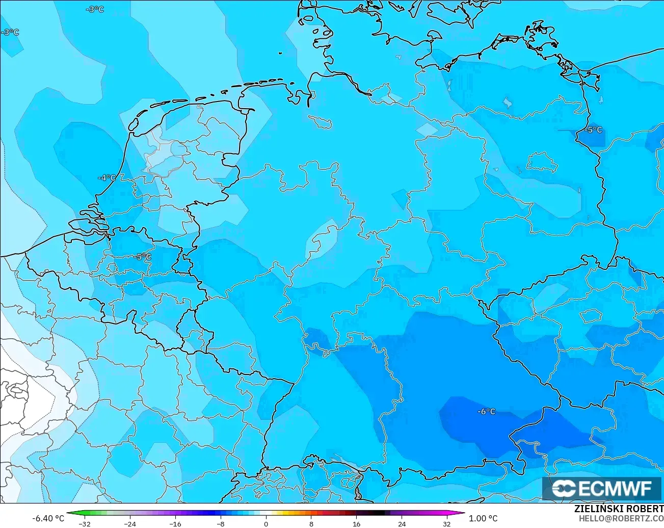 ECMWF IFS 0.25° モデル - ドイツ, 気温異常（850hPa）