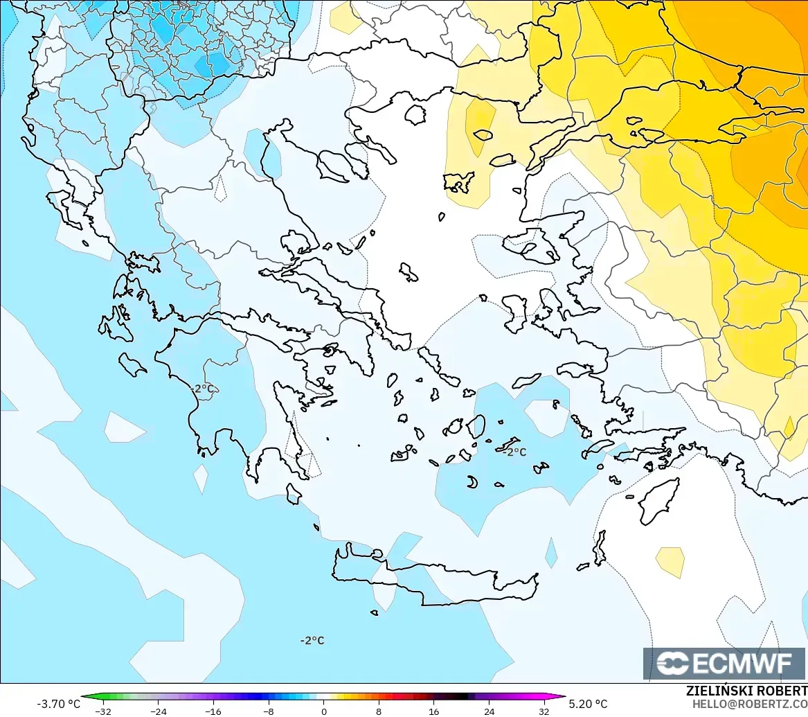 ECMWF IFS 0.25° モデル - ギリシャ, 気温異常（850hPa）