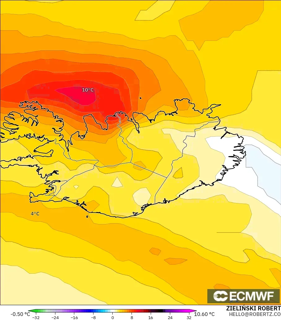 ECMWF IFS 0.25° モデル - アイスランド, 気温異常（850hPa）